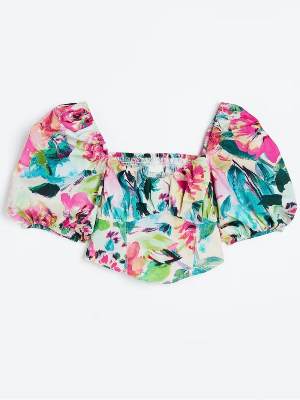 H&M Floral Puff Sleeve Sweetheart Neckline Crop Top in Bright Pink & Teal